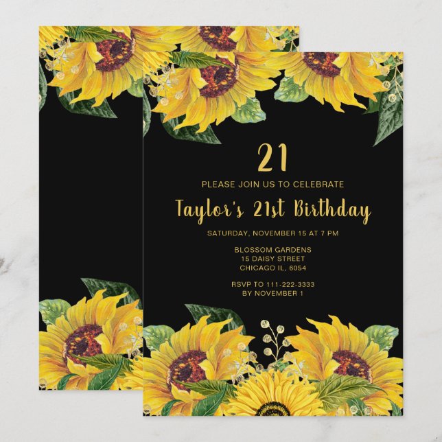 Elegant Sunflowers and Foliage Birthday Party Einladung (Vorne/Hinten)