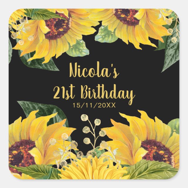 Elegant Sunflowers and Foliage Birthday Party Quadratischer Aufkleber (Vorderseite)