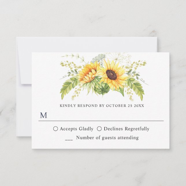 Elegant Sunflowers Eukalyptus Greenerity Wedding RSVP Karte (Vorderseite)