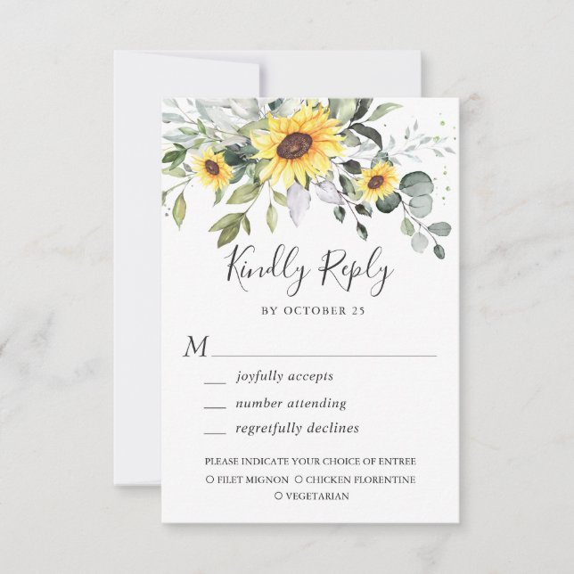 Elegant Sunflowers Eukalyptus Greenerity Wedding RSVP Karte (Vorderseite)