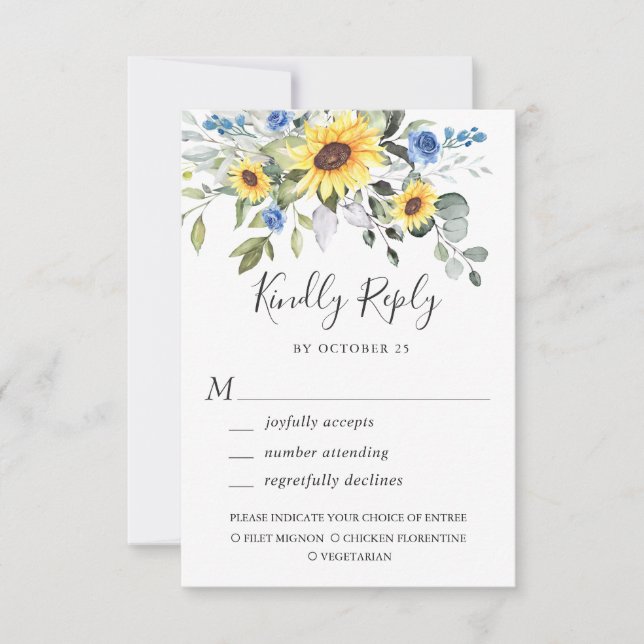 Elegant Sunflowers Eukalyptus Greenerity Wedding RSVP Karte (Vorderseite)