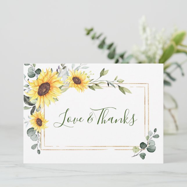 Elegant Sunflowers Eukalyptus Greenery Dankeskarte (Stehend Vorderseite)