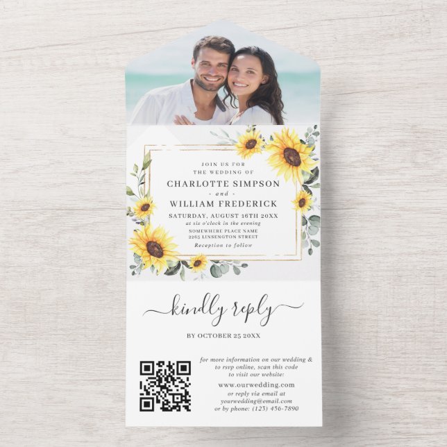 Elegant Sunflowers Eukalyptus Greenery Wedding QR All In One Einladung (Innen Boden)