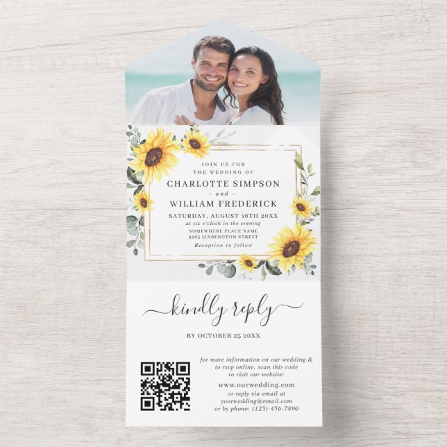 Elegant Sunflowers Eukalyptus Greenery Wedding QR All In One Einladung (Innen Boden)
