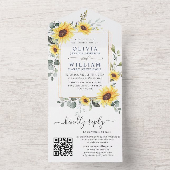 Elegant Sunflowers Eukalyptus Greenery Wedding QR All In One Einladung (Innen Boden)
