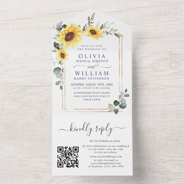 Elegant Sunflowers Eukalyptus Greenery Wedding QR All In One Einladung (Innen Boden)