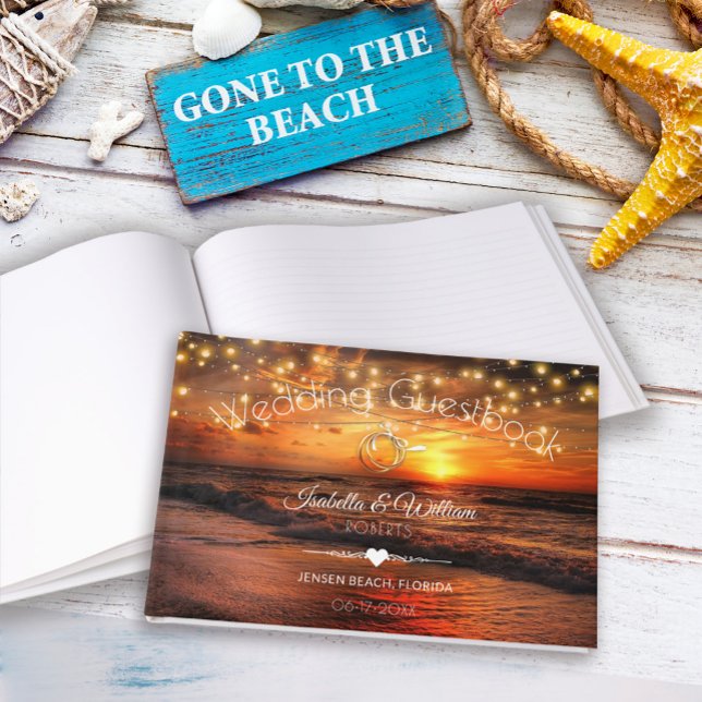 Elegant Sunset Beach String Lights Summer Wedding Gästebuch (Von Creator hochgeladen)