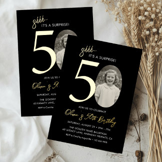 Elegant Surprise 50th Birthday Black and Gold Folieneinladung
