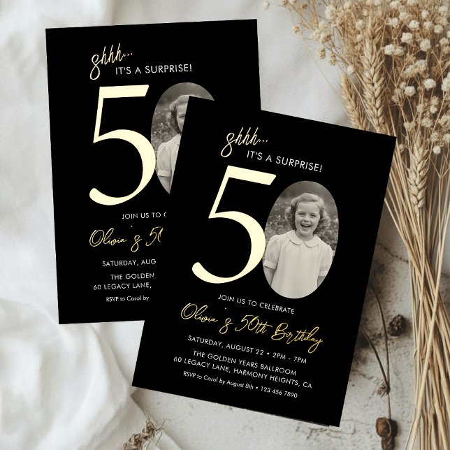 Elegant Surprise 50th Birthday Black and Gold Folieneinladung (Von Creator hochgeladen)