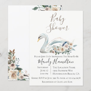 Elegant Swan Floral Baby Shower Einladung