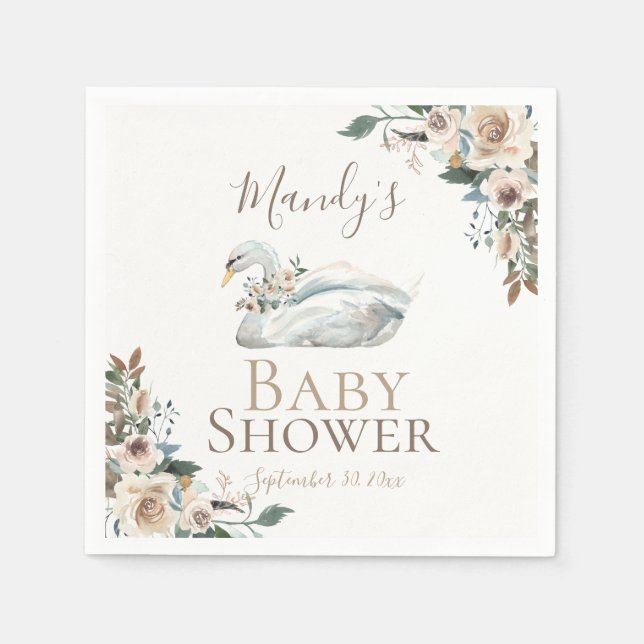 Elegant Swan Floral Neutral Baby Shower Serviette (Vorderseite)