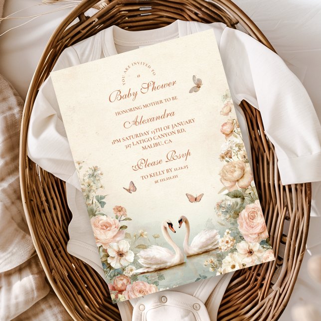 Elegant Swan Lake Floral Baby Shower Folieneinladung (Von Creator hochgeladen)