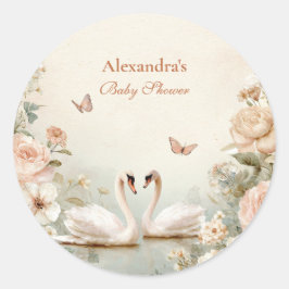 Elegant Swan Lake Floral Baby Shower Runder Aufkleber