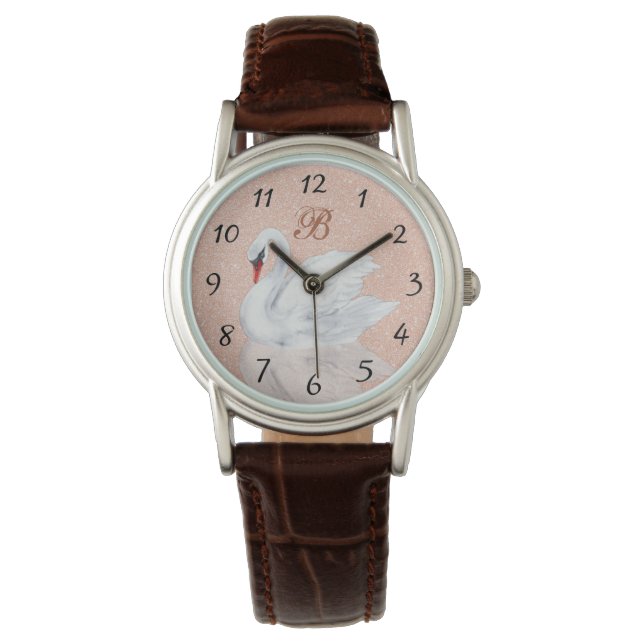 Elegant Swan | Rose Gold Glitzer Monogram Armbanduhr (Vorderseite)