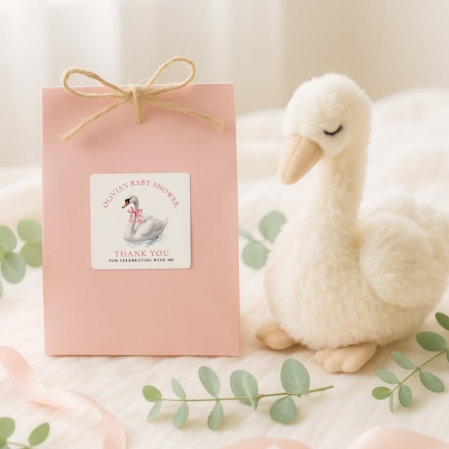 Elegant Swan Thank You Baby Shower  Quadratischer Aufkleber (Von Creator hochgeladen)