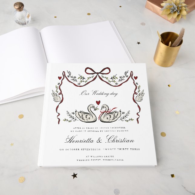 Elegant Swans Love Story Wedding Day Guest Book Gästebuch (Vorderseite offen)
