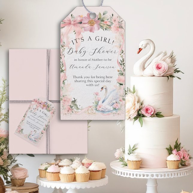 Elegant Swans Pink Ribbon Floral Baby Girl Dusche Geschenkanhänger (Von Creator hochgeladen)