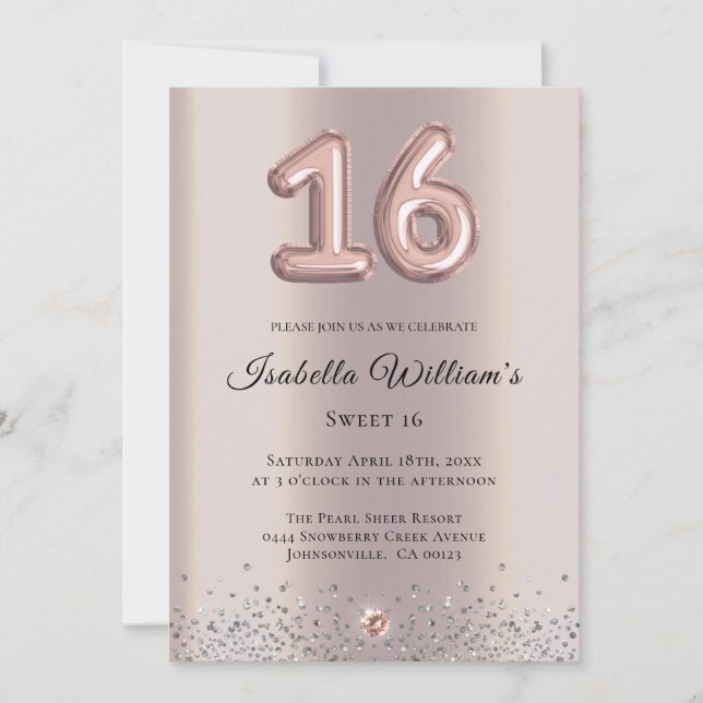 Elegant Sweet 16 Birthday Balloon Rose Gold Foil Einladung (Vorderseite)