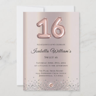 Elegant Sweet 16 Birthday Balloon Rose Gold Foil Einladung