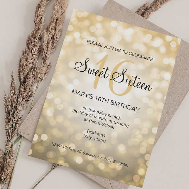 Elegant Sweet 16 Birthday Gold Glitzer Lights Einladung (Elegant Sweet 16 Birthday Gold Glitter Lights Invitation)