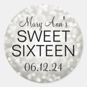 Elegant Sweet 16 Birthday Silver Glitzer Lights Runder Aufkleber
