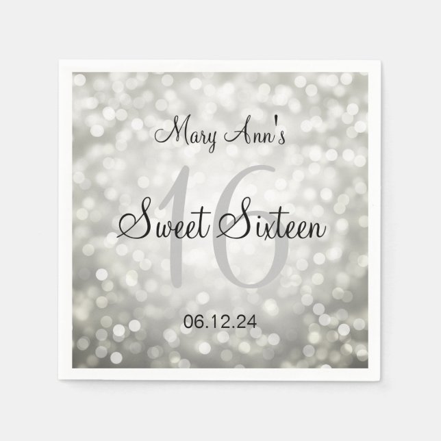 Elegant Sweet 16 Birthday Silver Glitzer Lights Serviette (Vorderseite)