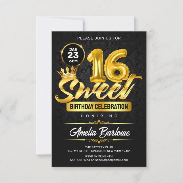 Elegant Sweet 16 Black and Gold Premuim Einladung (Vorderseite)