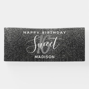 Elegant Sweet 16 Black Silver Imitats Glitzer Name Banner