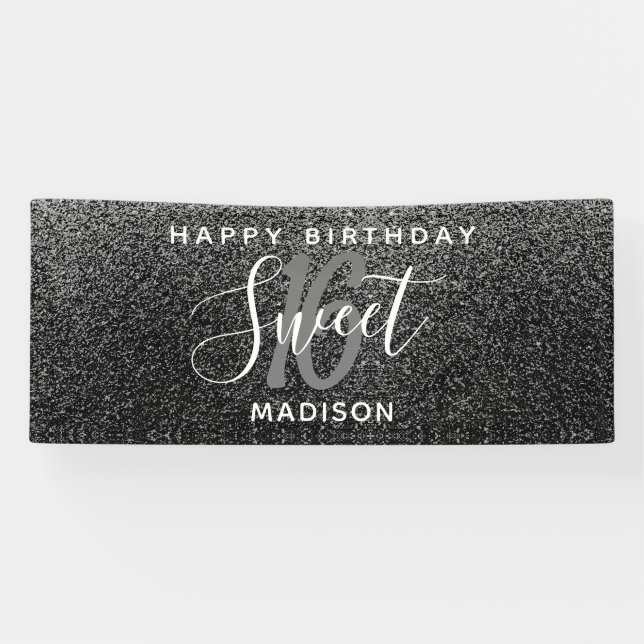 Elegant Sweet 16 Black Silver Imitats Glitzer Name Banner (Horizontal)