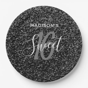 Elegant Sweet 16 Black Silver Speck Personalisiert Pappteller