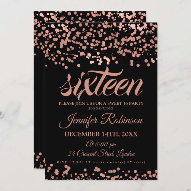 Elegant Sweet 16 Rose Gold & Black Foil Confetti Einladung (Vorne/Hinten)