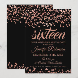 Elegant Sweet 16 Rose Gold & Black Foil Confetti Einladung