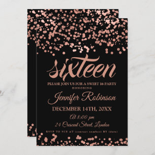 Elegant Sweet 16 Rose Gold & Black Foil Confetti Einladung