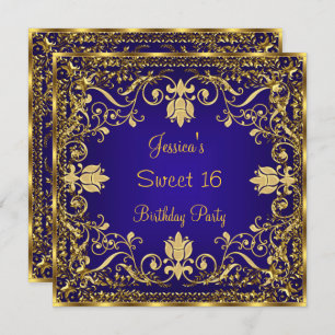 Elegant Sweet 16 Royal Blue Gold Einladung