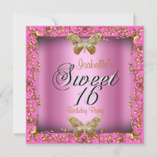 Elegant Sweet 16 Sechzehn Pink Gold Schmetterling Einladung