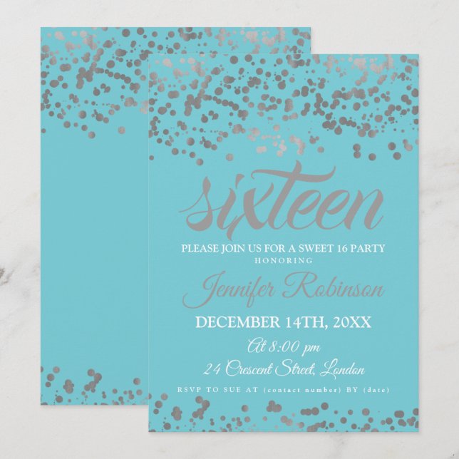 Elegant Sweet 16 Silver & Blue Foil Confetti Einladung (Vorne/Hinten)