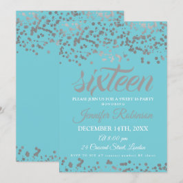 Elegant Sweet 16 Silver & Blue Foil Confetti Einladung