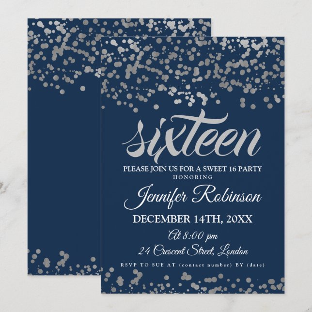 Elegant Sweet 16 Silver & Navy Foil Confetti Einladung (Vorne/Hinten)