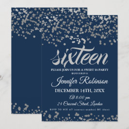 Elegant Sweet 16 Silver & Navy Foil Confetti Einladung
