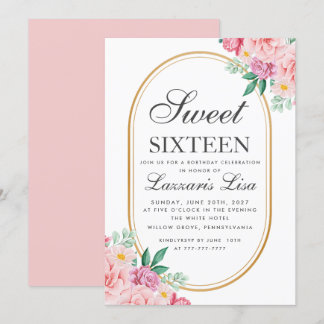 Elegant Sweet 16 Watercolor Pink Floral Geburtstag Einladung