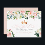 Elegant Sweet Blush Bloral Sweet 16 Save the Date Einladung<br><div class="desc">Diese Geburtstagskollektion besticht durch elegante Blumen und Weiß mit Grünpflanzen und einer einfachen Schriftart-Kombination. Dieses Design ist perfekt für jede elegante Gartenveranstaltung.</div>