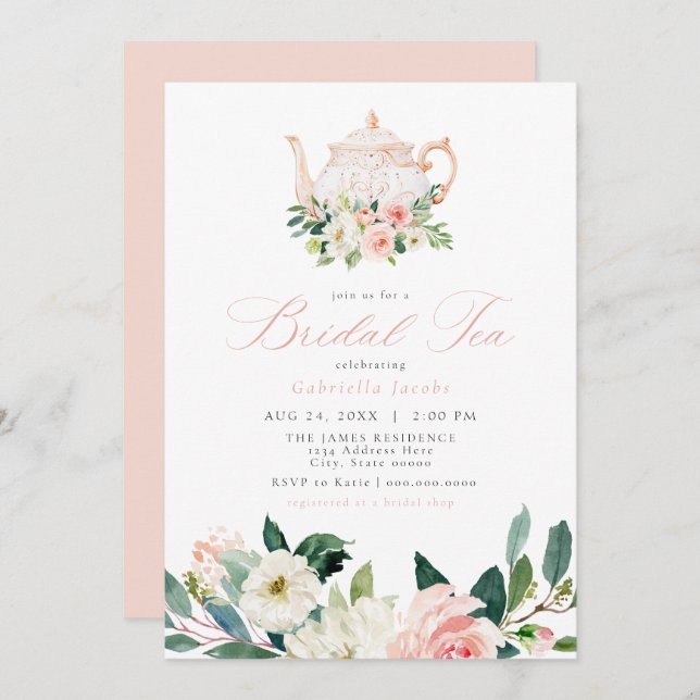 Elegant & Sweet Blush Pink Bridal Tea Einladung (Vorne/Hinten)