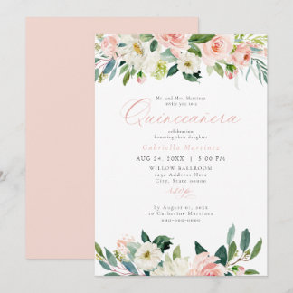Elegant & Sweet Blush Pink Floral Quinceñera Einladung