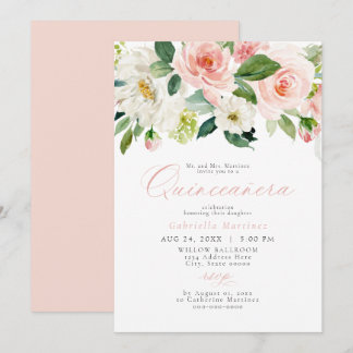 Elegant & Sweet Blush Pink Floral Quinceñera Einladung