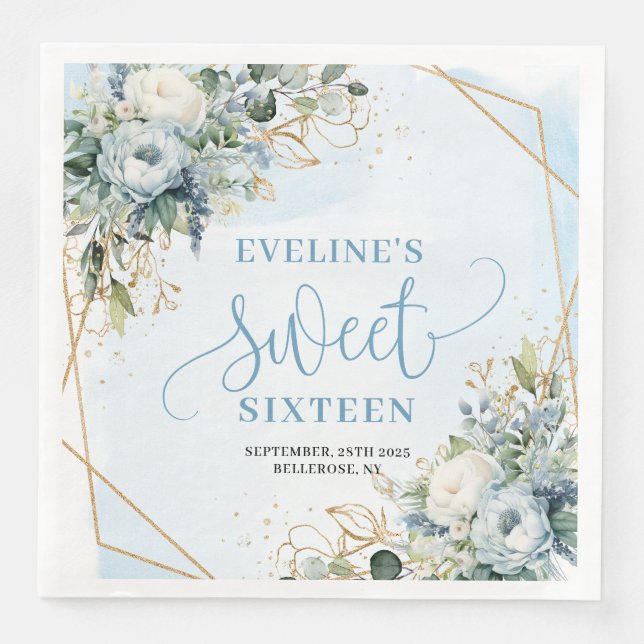 Elegant Sweet Sixteen 16 Dusty Blue Floral Party  Serviette (Vorderseite)