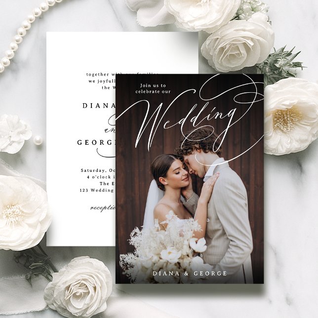 Elegant swirl script Simple Photo Wedding Einladung (Elegant swirl script Simple Photo Wedding Invitation)