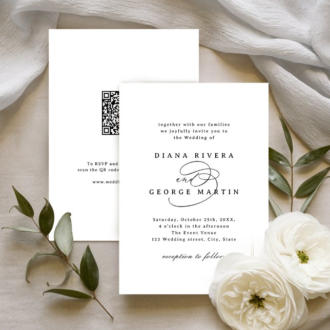 Elegant Swirl Script Simple QR code Wedding Einladung (Elegant Swirl Script Simple QR code Wedding Invitation)