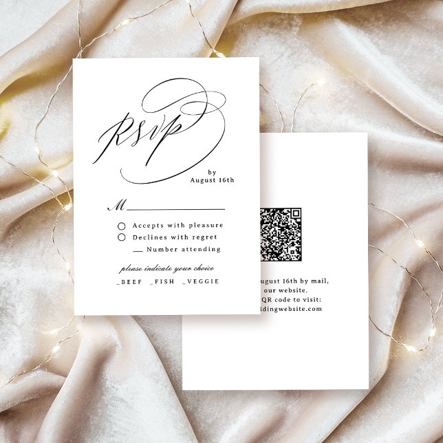 Elegant Swirl Script Simple QR code Wedding RSVP Karte (Elegant Swirl Script Simple QR code Wedding RSVP Card)