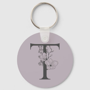 Elegant T Boho Floral Monogram Initial Lilac Gray Schlüsselanhänger