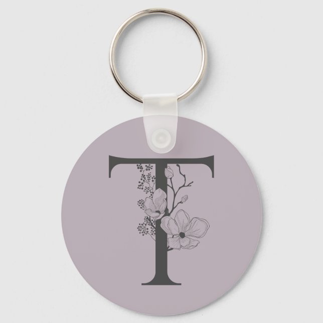 Elegant T Boho Floral Monogram Initial Lilac Gray Schlüsselanhänger (Vorderseite)